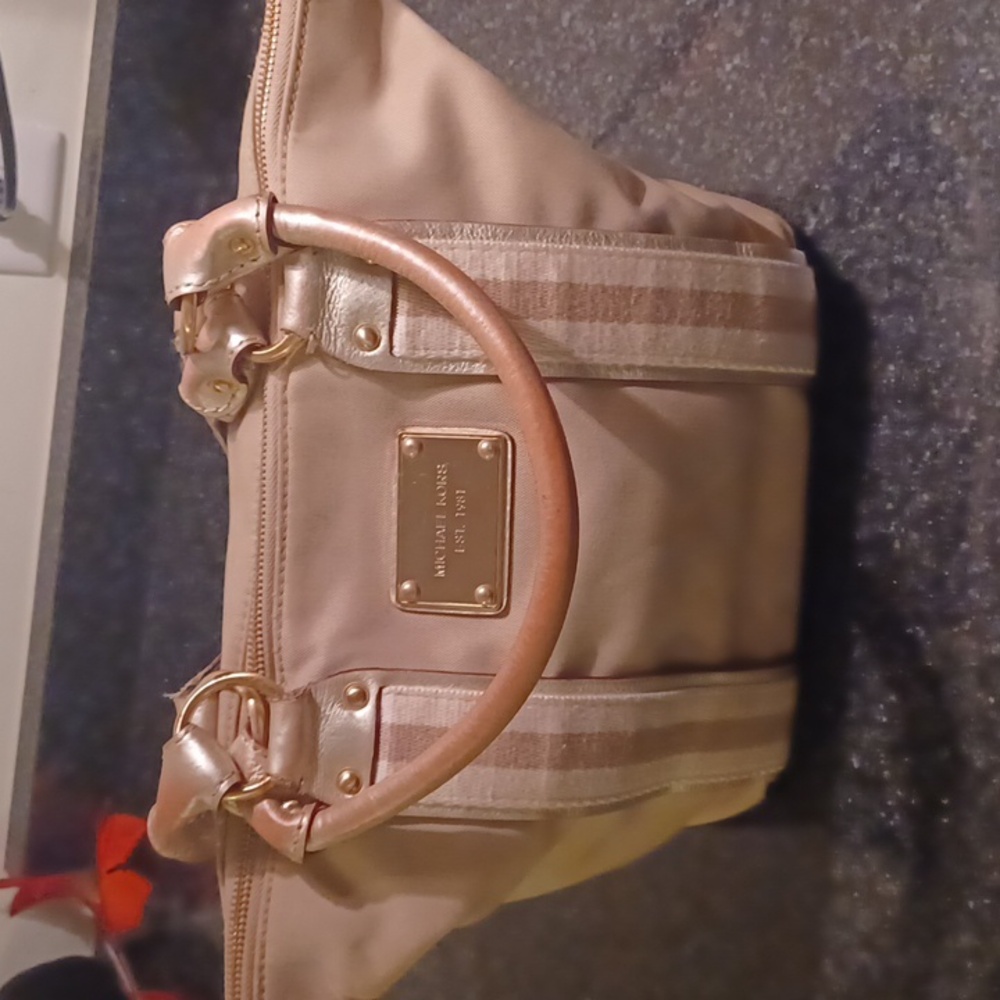 MICHAEL KORS Khaki Canvas Strips with Gold Trim Bag. NEEDS RESTORATION!!!
